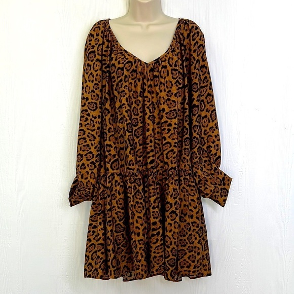 H&M - Brown & Black Cheetah Print Long Sleeve Tunic Tiered Dress Size Medium - Picture 1 of 11